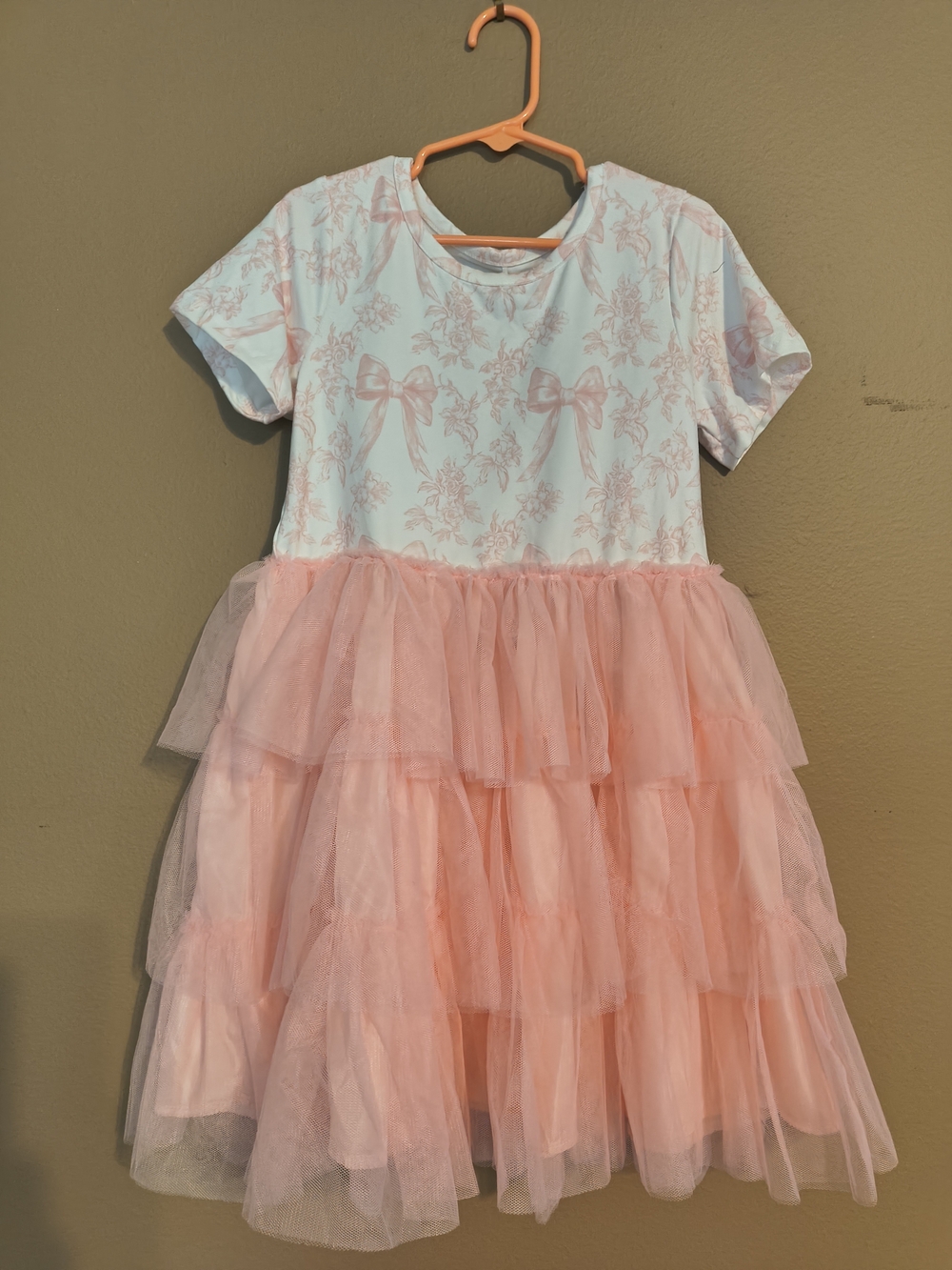 Girls Pink Bow-Print Tulle Tiered Party Dress